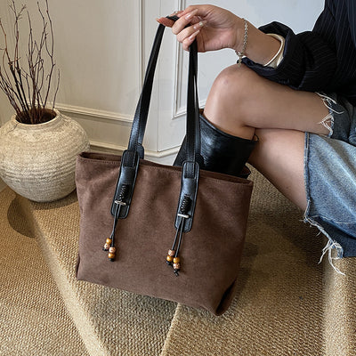 Sueded Big Size Leather Straped Beaded Tassel Casual T-o-t-e B-a-g