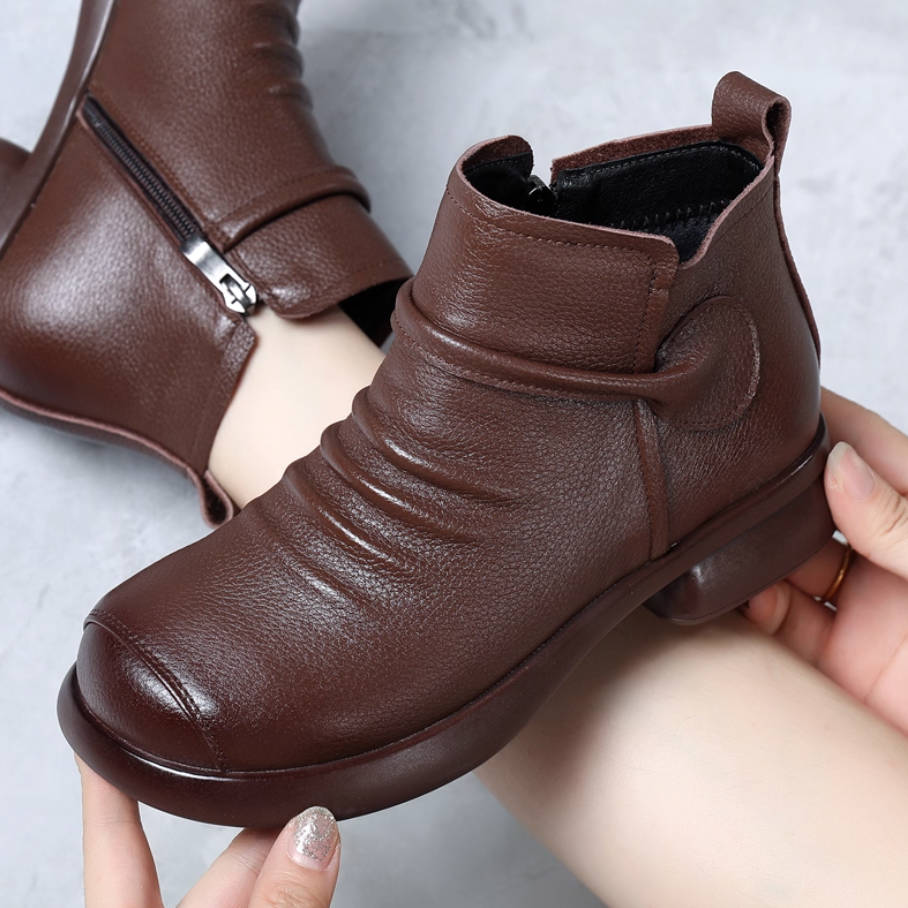 Genuine Leather Soft Sole Low Chunky Zipper Plus Size Boots