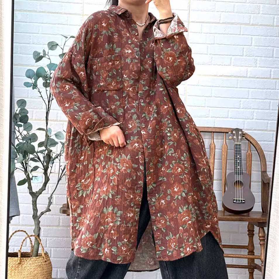 Cotton Floral Printed Plus Size Loose Long Shirt Outwear