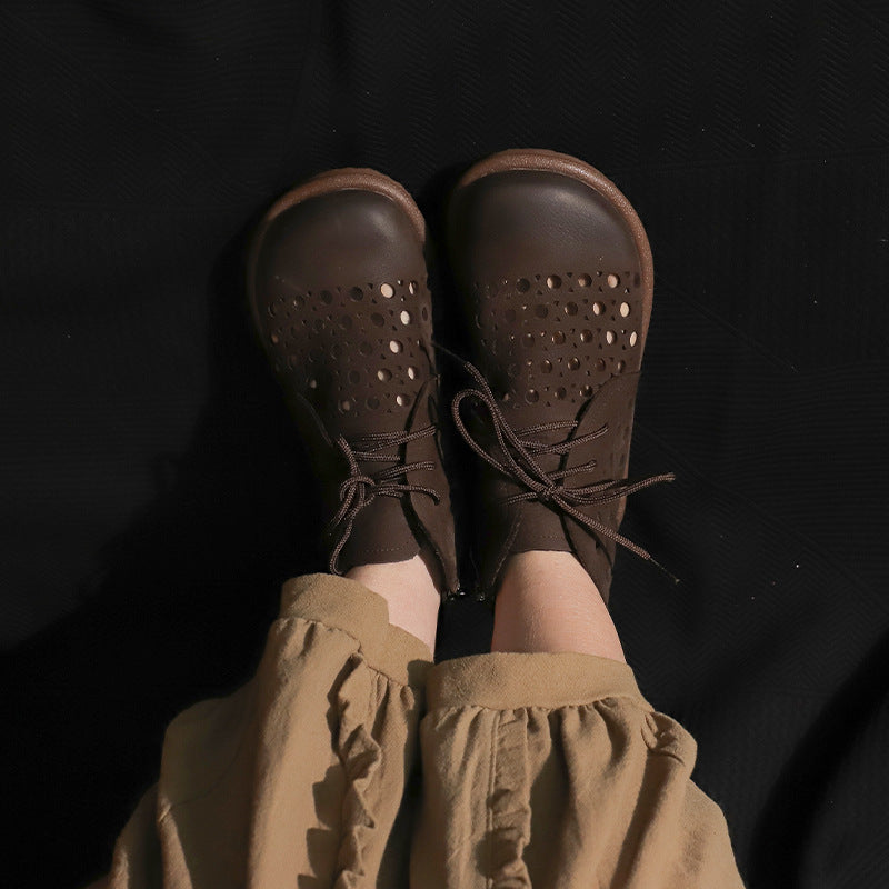 Retro Leather Hollow Breathable Closed Toe Lace-Up Boots