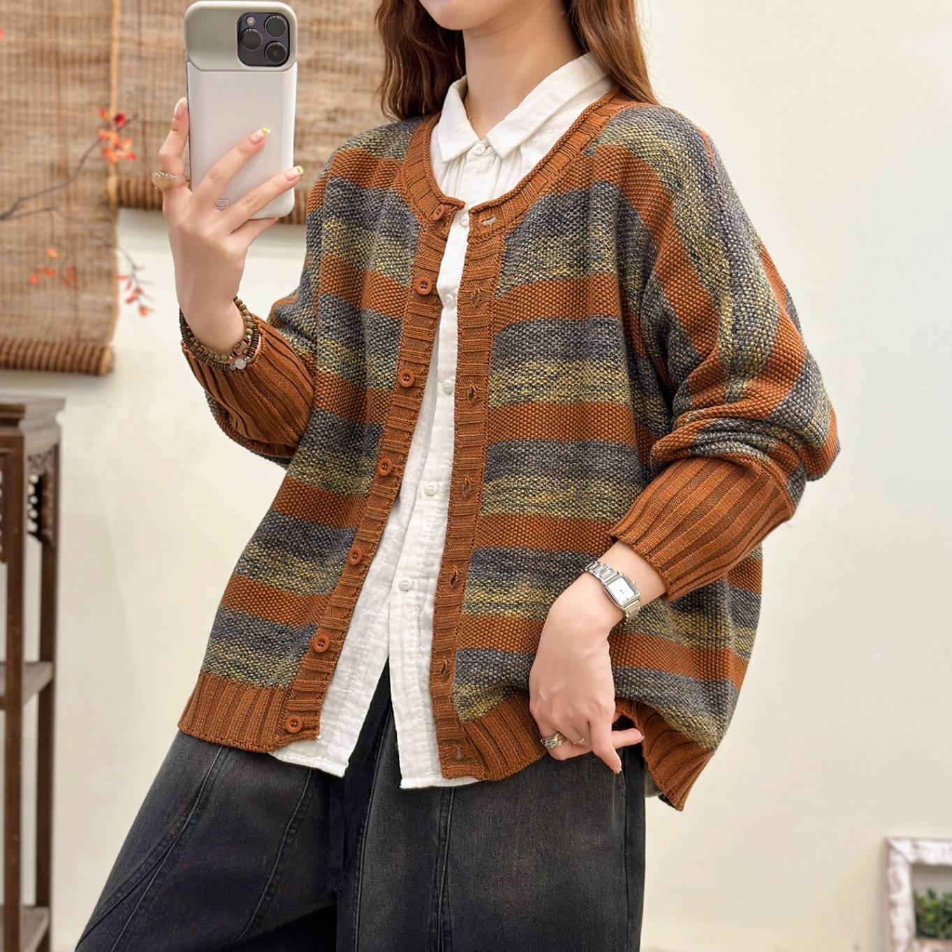 Colorful Cotton Striped Round Neck Single Breasted Cardigan