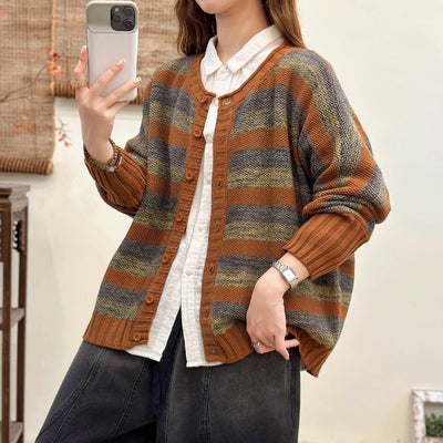 Colorful Cotton Striped Round Neck Single Breasted Cardigan