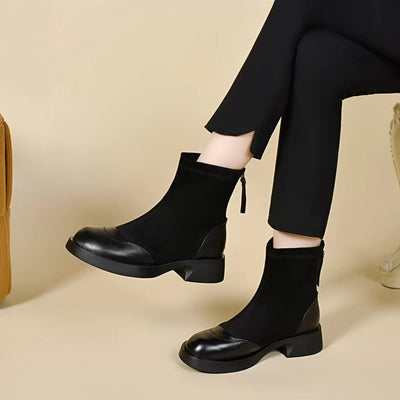 Retro Classic Leather Sueded Patchwork Round Toe Zipper Middle Boots