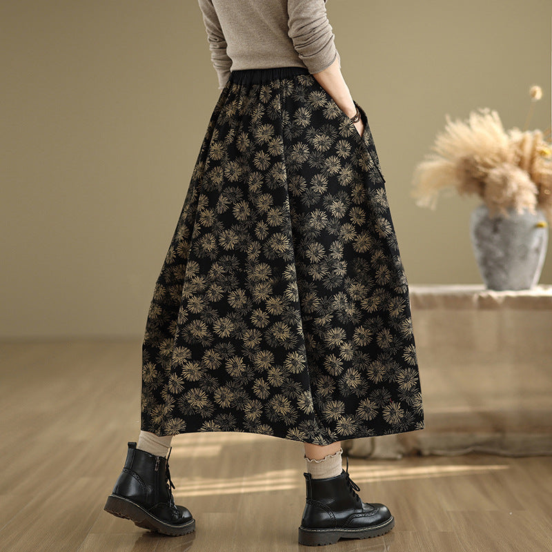 Babakud Women Winter Retro Printed Floral Fleece-Lined A-Line Skirt