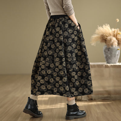 Babakud Women Winter Retro Printed Floral Fleece-Lined A-Line Skirt
