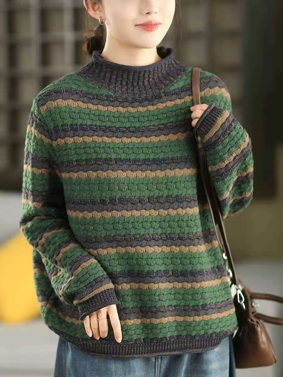 Winter Cotton Retro Striped High Neck Plus Size Sweater