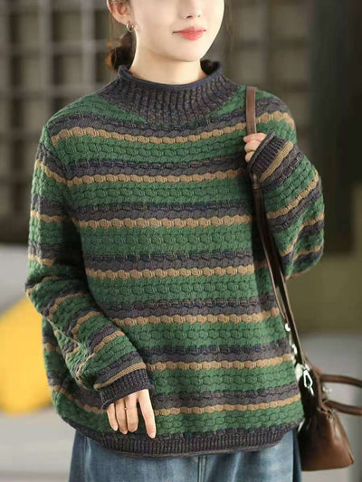 Winter Cotton Retro Striped High Neck Plus Size Sweater