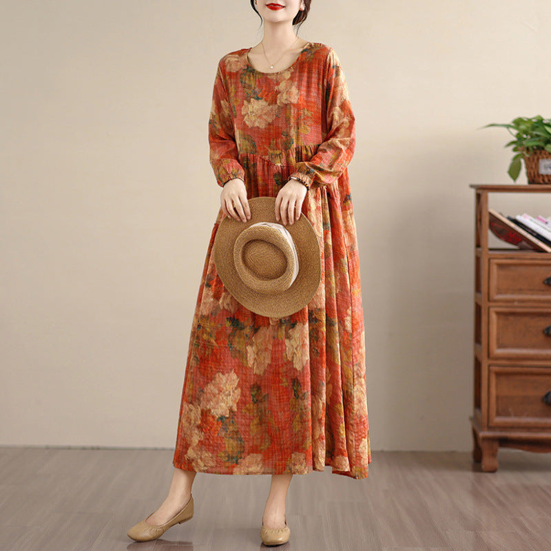 Bohemian Print Linen Maxi Long Sleeve Flowy Dress