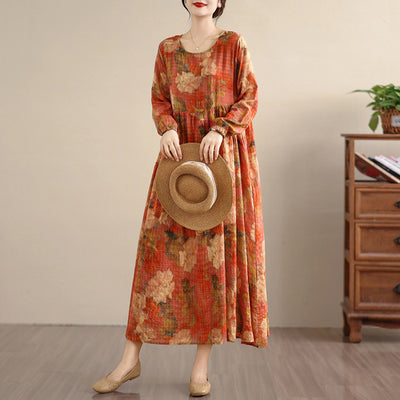 Bohemian Print Linen Maxi Long Sleeve Flowy Dress