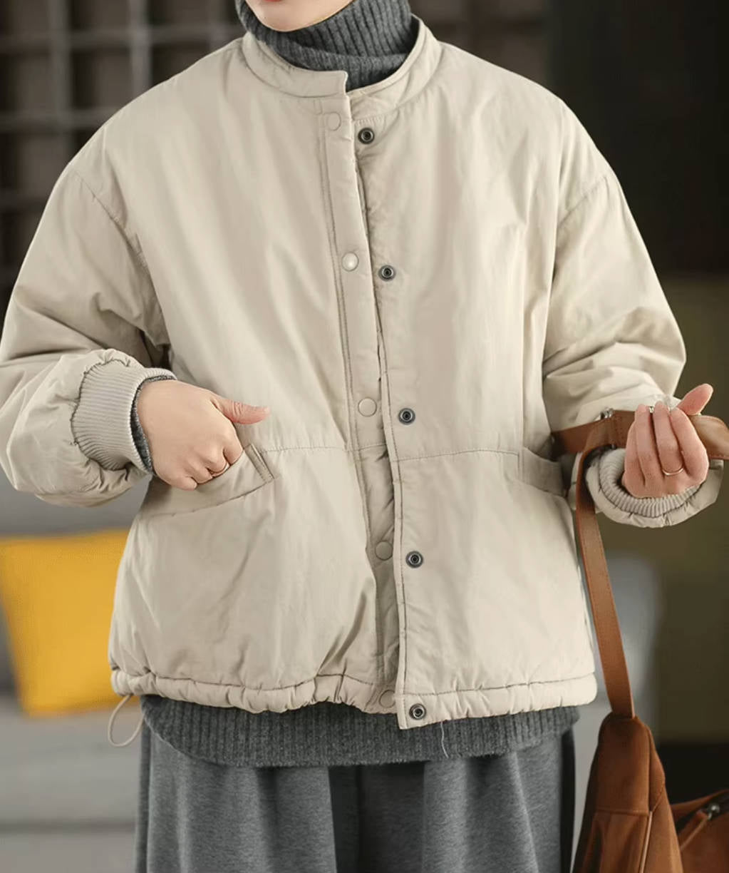 Winter Cotton Round Neck Single-Breasted Warm Cotton-In Coat