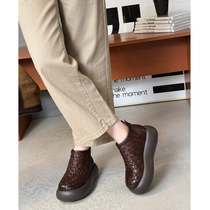 Fashionable Leather Round Toe Platform Woven Zipper Boots