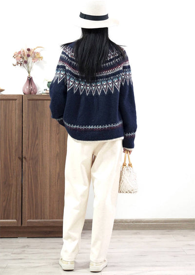 Winter Retro Blue Warm Round Neck Jacquard Knitted Loose Sweater