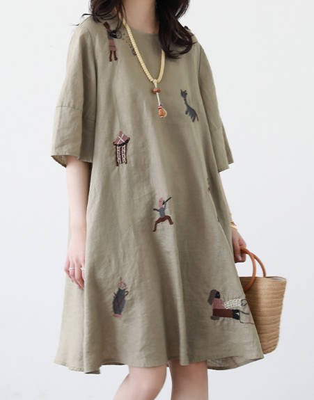 Women Casual Embroidered Linen Round Neck Loose Fit Dress Babakud Women Casual Embroidered Linen Round Neck Loose Fit Dress Babakud