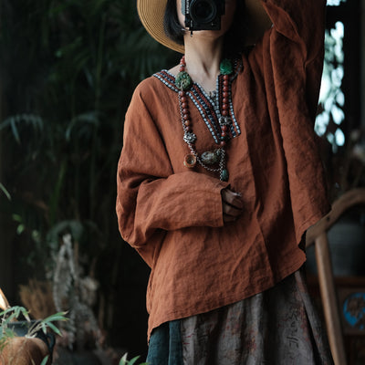 Orange Retro Linen Embroidered V-Neck Plus Size Pullover