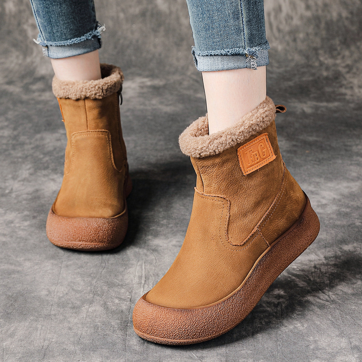 Vintage Winter Warm Leather Round Toe Zipper Plush Ankle Boots