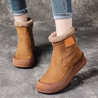 Vintage Winter Warm Leather Round Toe Zipper Plush Ankle Boots