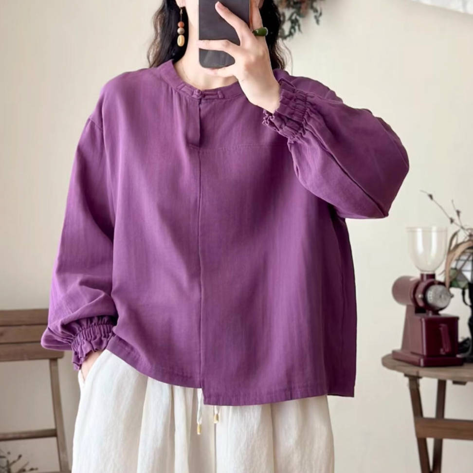 Autumn Retro Cotton Stand Collar Puff Sleeve Shirt