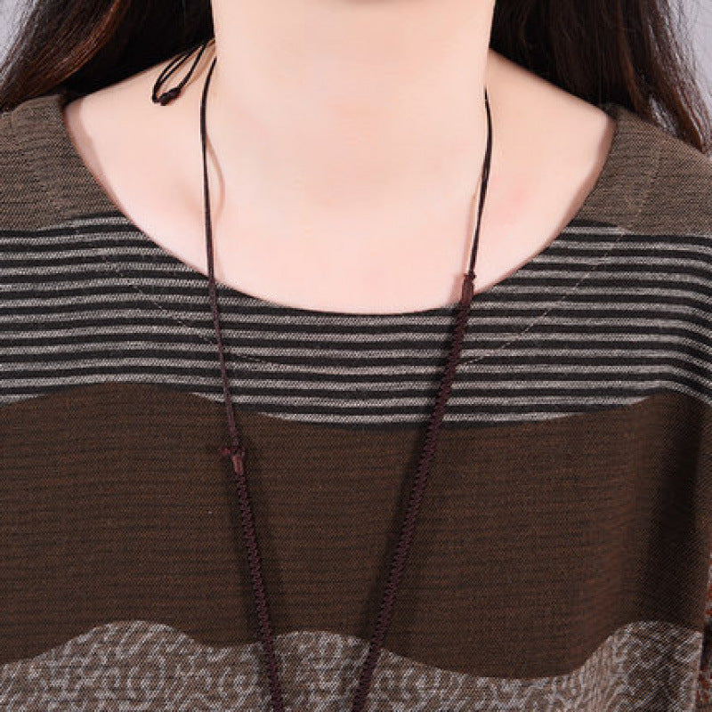 Autumn Cotton Linen Round Neck Loose Patchwork Casual A-Line Dress