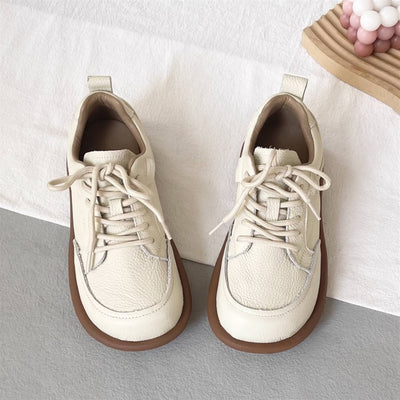 Retro Leather Round Toe Soft Sole Lace-Up Versatile Flat Shoes
