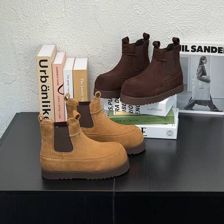 Leather Sueded Round Toe Platform Flat Sole Warm Plush Elastic Boots