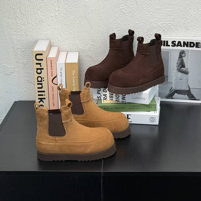 Leather Sueded Round Toe Platform Flat Sole Warm Plush Elastic Boots