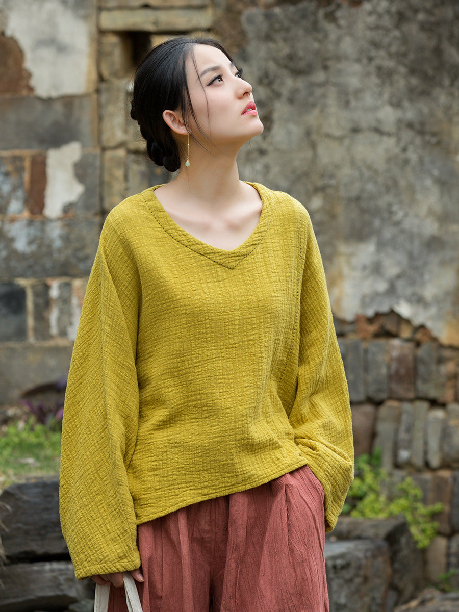Solid Color Retro Cotton V-Neck Loose Textured Breathable Top