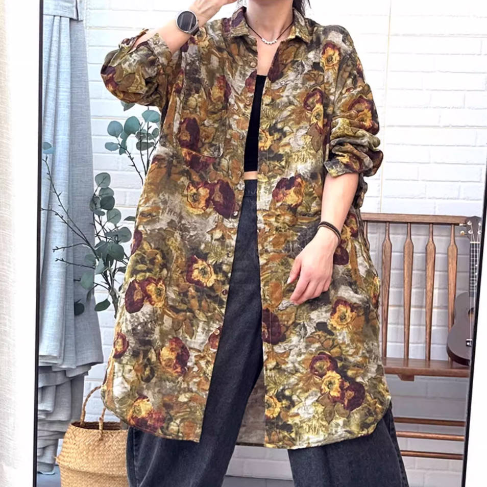 Cotton Floral Printed Plus Size Loose Long Shirt Outwear