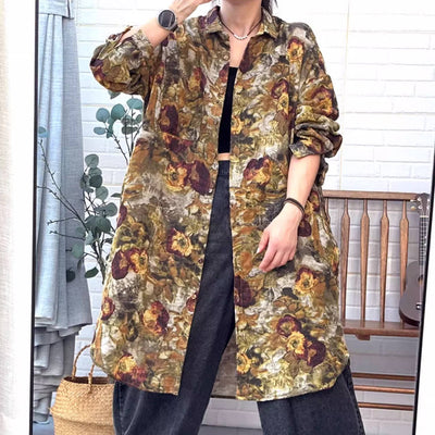 Cotton Floral Printed Plus Size Loose Long Shirt Outwear