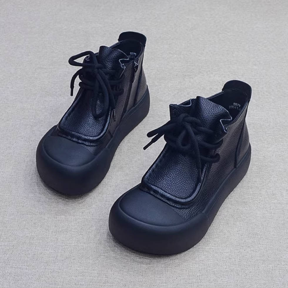 Retro Leather Patchwork Wide Toe Lace-Up Zipper Ankle Boots