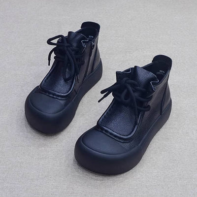 Retro Leather Patchwork Wide Toe Lace-Up Zipper Ankle Boots