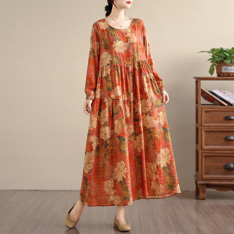 Bohemian Print Linen Maxi Long Sleeve Flowy Dress