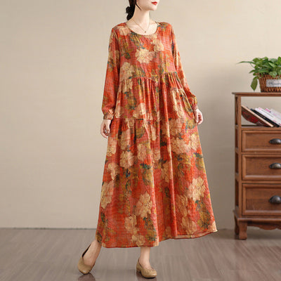 Bohemian Print Linen Maxi Long Sleeve Flowy Dress