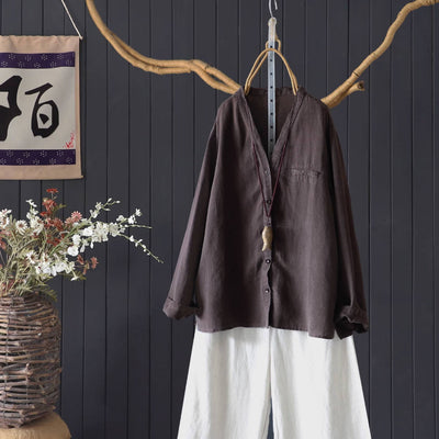 Linen Casual V-Neck Long Sleeves Loose Versatile Shirt