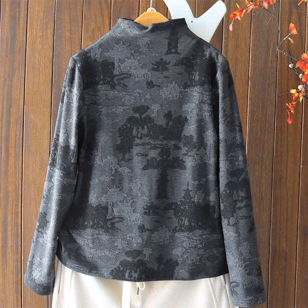 Women Cotton Jacquard High Neck Long Sleeves Plush Pullover