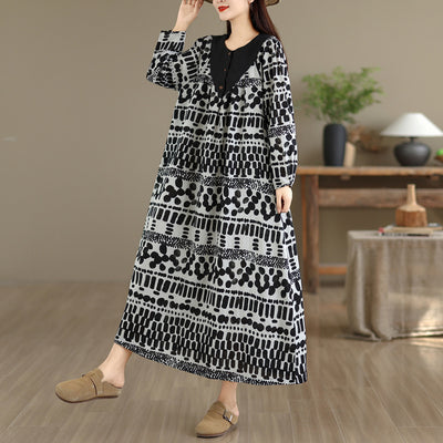 Floral Print Linen Patchwork Round Neck Elegant Loose Fit Dress