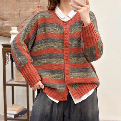 Colorful Cotton Striped Round Neck Single Breasted Cardigan