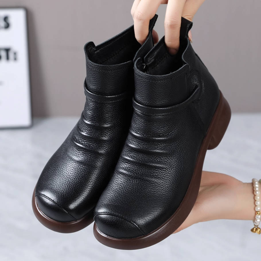 Genuine Leather Soft Sole Low Chunky Zipper Plus Size Boots