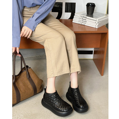 Fashionable Leather Round Toe Platform Woven Zipper Boots