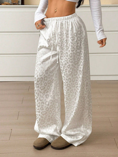 Elastic Waist Lace-Up White Leopord Satin Pants