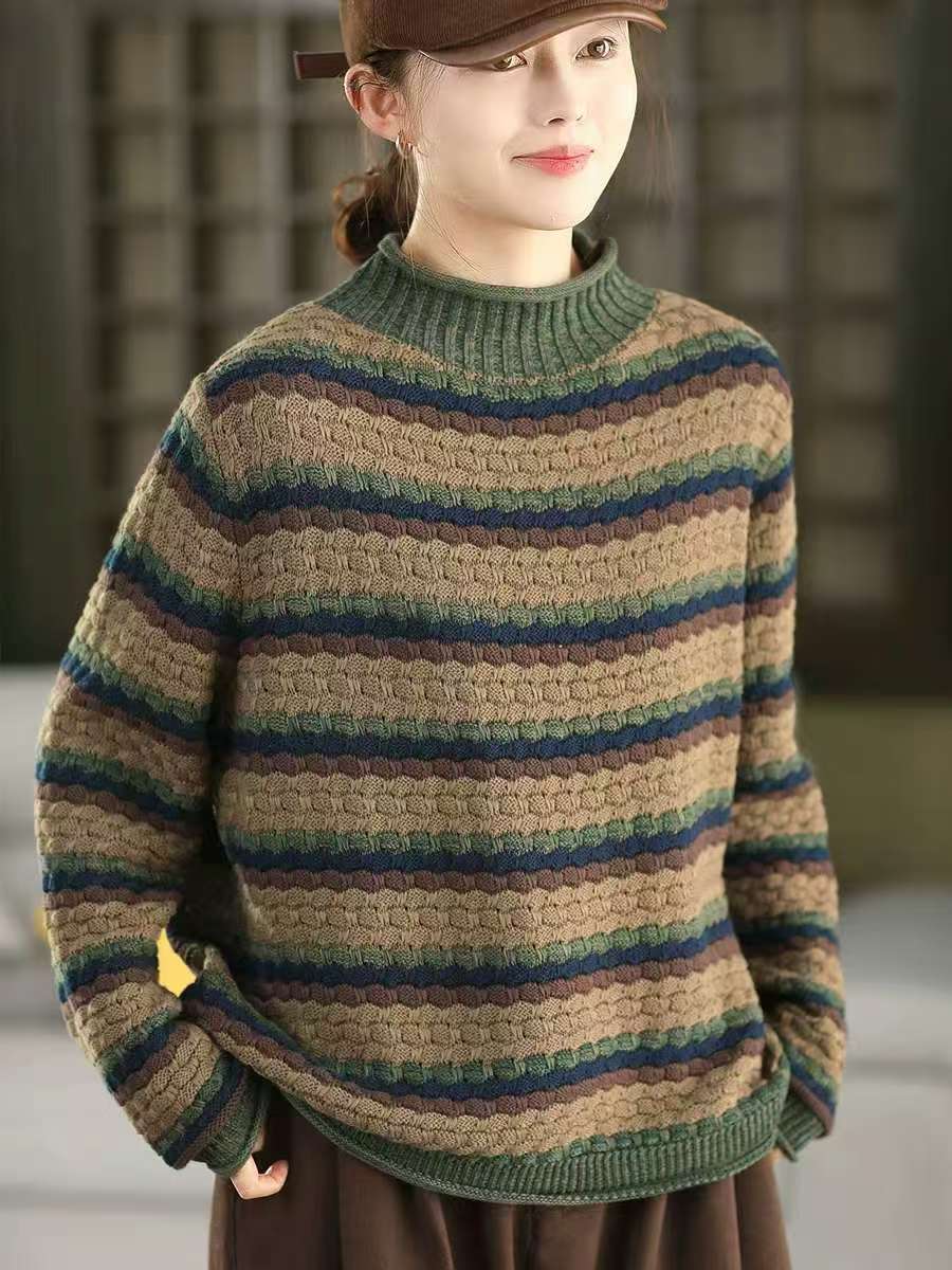 Winter Cotton Retro Striped High Neck Plus Size Sweater