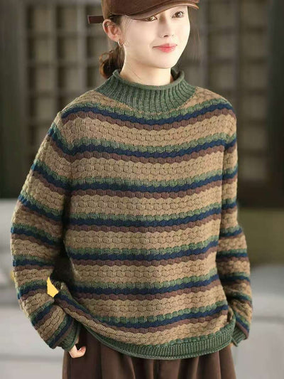 Winter Cotton Retro Striped High Neck Plus Size Sweater