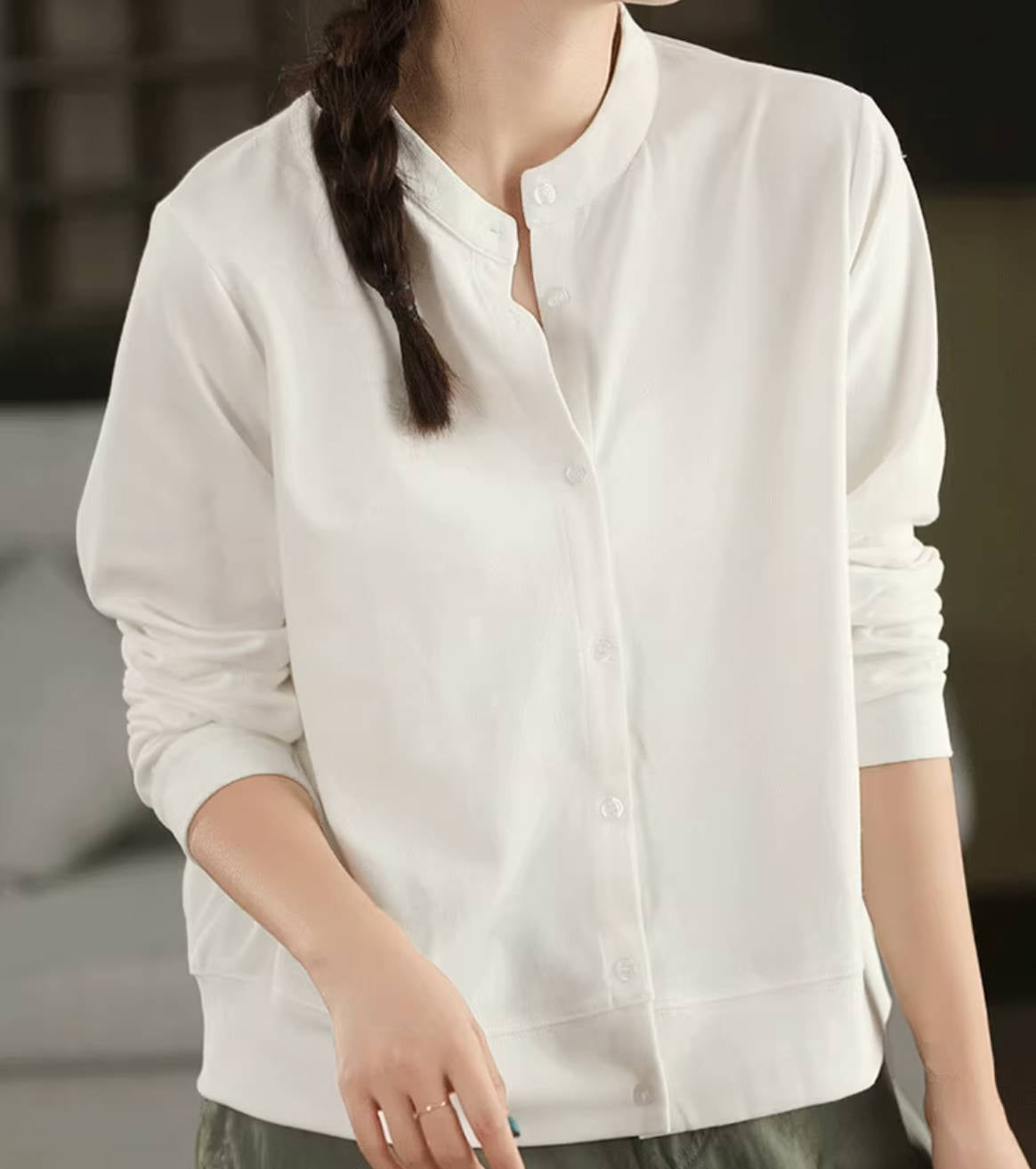 Retro 100% Cotton Round Neck Single-Breasted Shirt