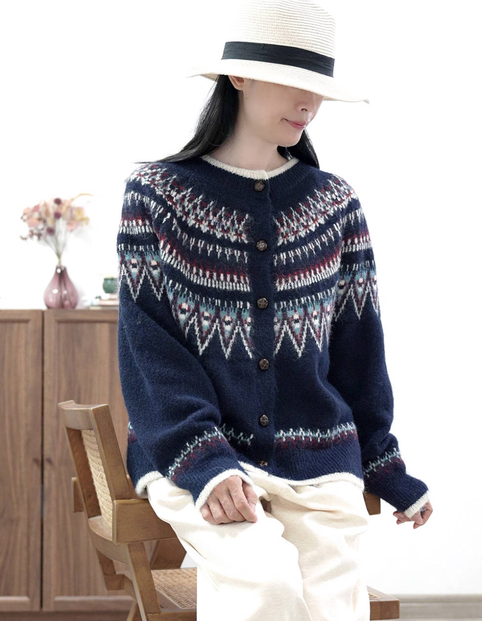 Winter Retro Blue Warm Round Neck Jacquard Knitted Loose Sweater