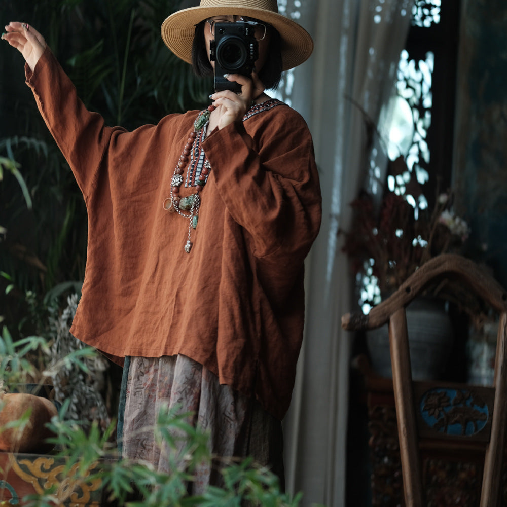 Orange Retro Linen Embroidered V-Neck Plus Size Pullover