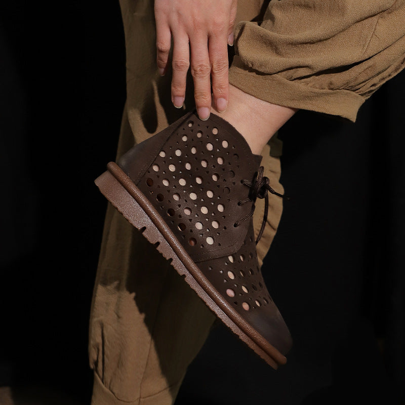 Retro Leather Hollow Breathable Closed Toe Lace-Up Boots