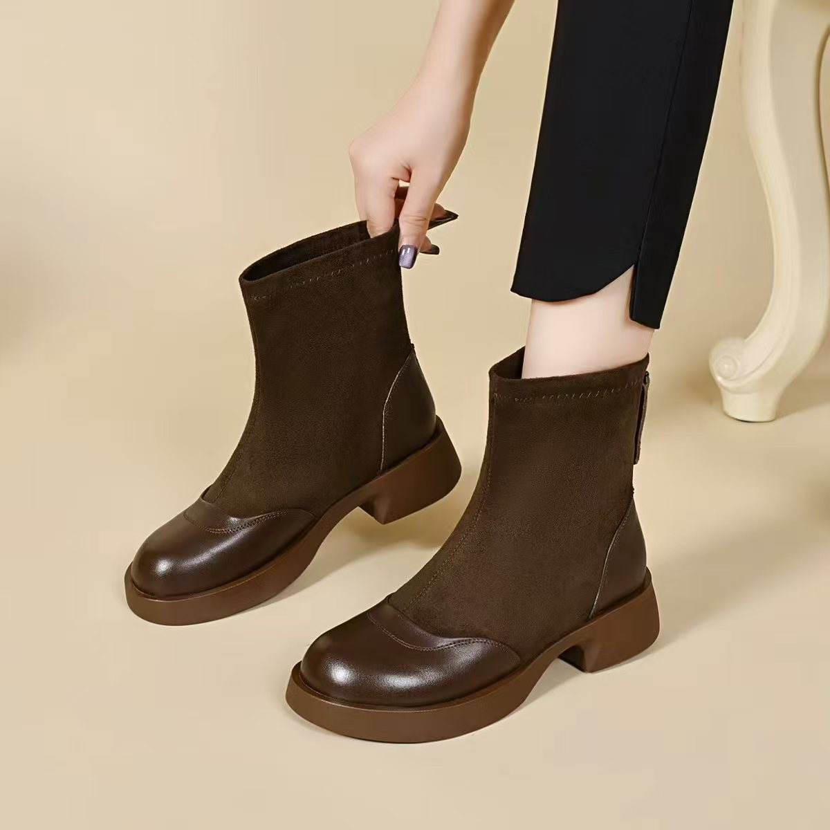 Retro Classic Leather Sueded Patchwork Round Toe Zipper Middle Boots
