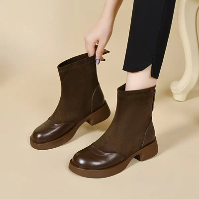 Retro Classic Leather Sueded Patchwork Round Toe Zipper Middle Boots