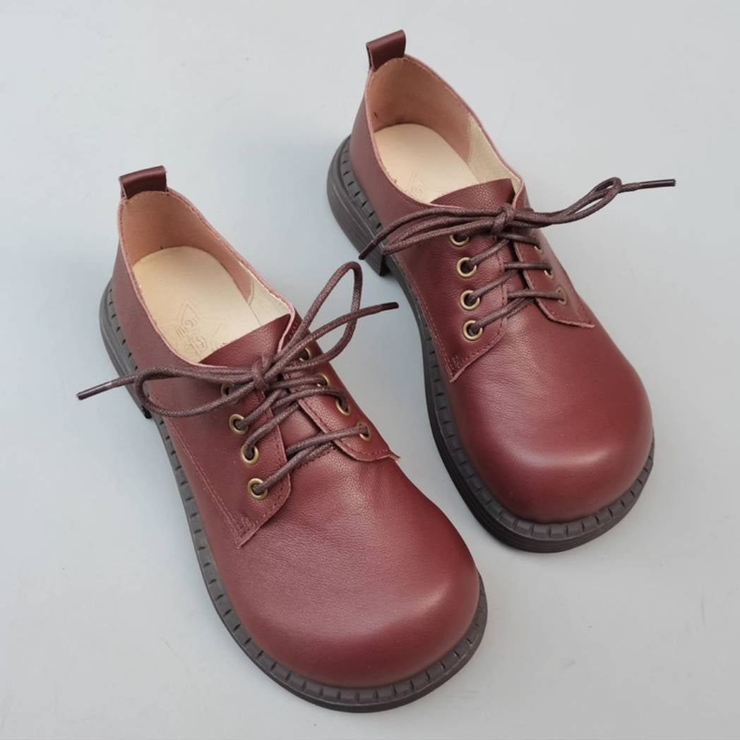 Retro Leather Round Wide Toe Comfortable Chunky Shoes