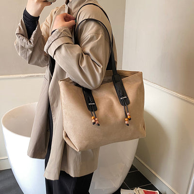 Sueded Big Size Leather Straped Beaded Tassel Casual T-o-t-e B-a-g