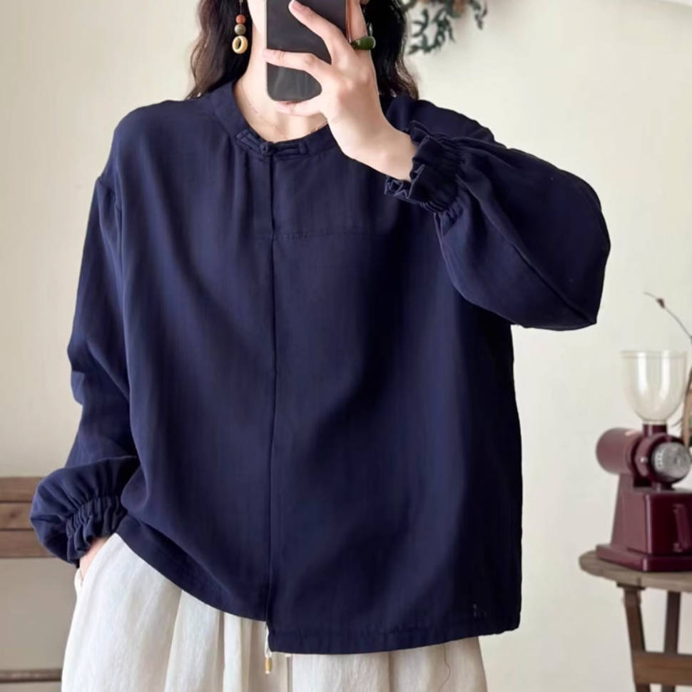 Autumn Retro Cotton Stand Collar Puff Sleeve Shirt